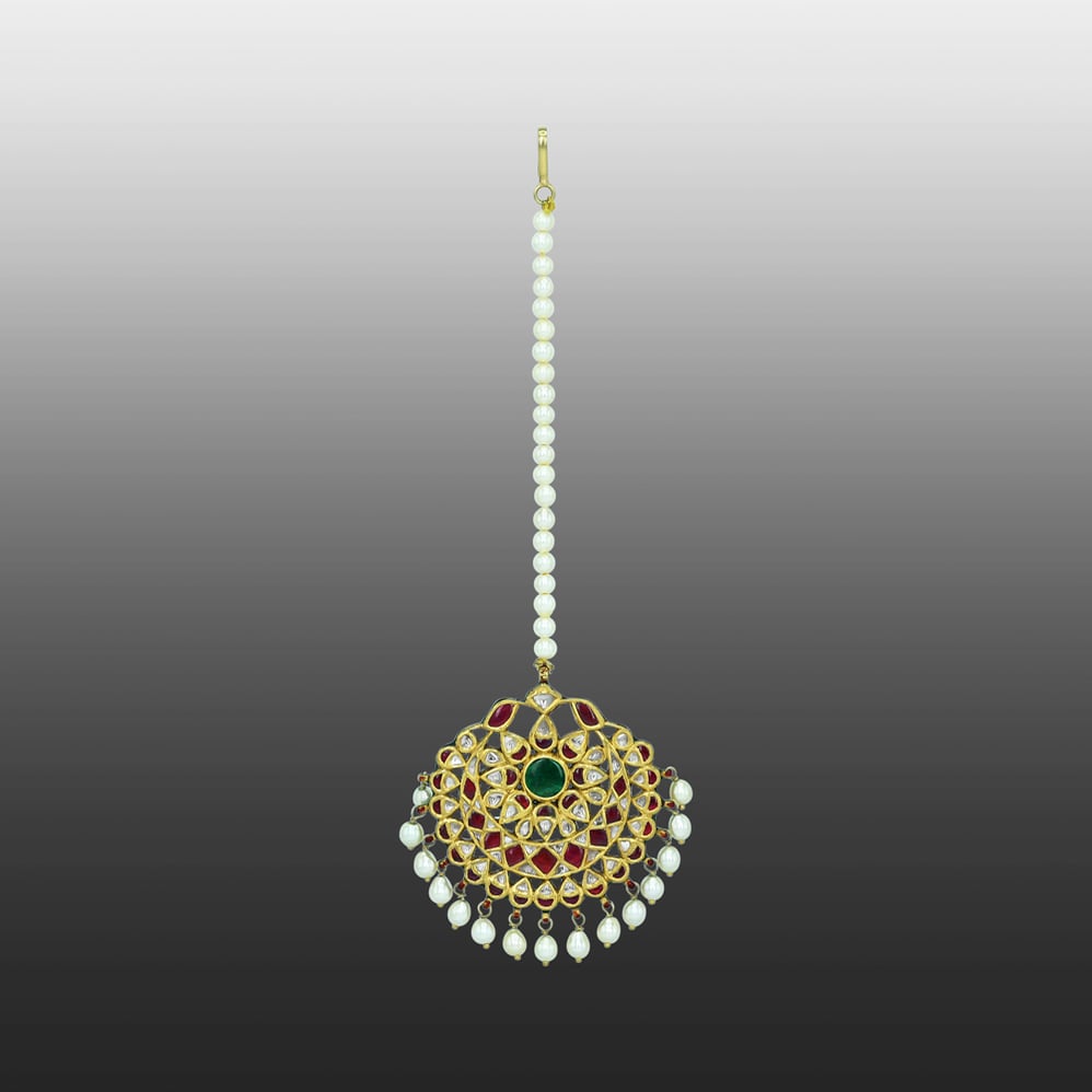 Emerald and Ruby Floral Polki Mangtikka with Pearl Drops